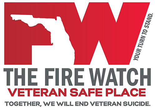 Image of Firewatch badge with text saying The Fire Watch Veteran Safe Place, Toghther We Will End Veteran Suicide
